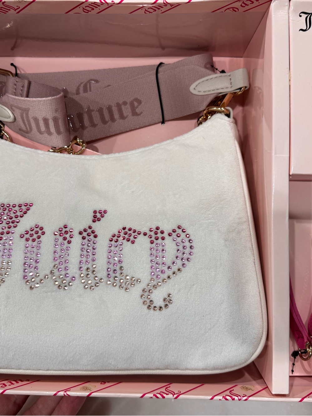 Juicy Couture White Crystal-Embellished Crossbody with Pink Strap